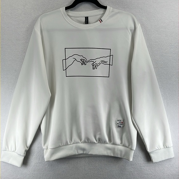 Women’s Pullover Size Med White w/Black Graphic Crew Neck Long Sleeves Polyester - Picture 1 of 9